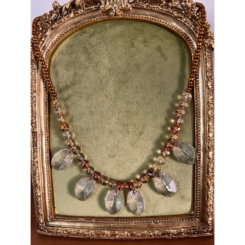 Vintage Murano Crackle Glass Necklace Foil Beads Italy Style Art Glass 1950s